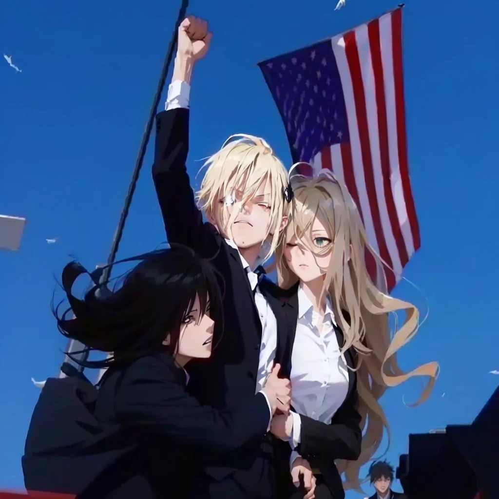 Makima (chainsaw man) now fists in the air, Power (chainsaw man) held makima's left hand with a worried face, Denji (chainsaw man) hugged Makima's waist from behind, The American flag flutters behind, Makima wear black office suit, Power wear black office suit, Denji wear black office suit, anime background key visual, still from anime, a-1 pictures, 8k, ultra sharp