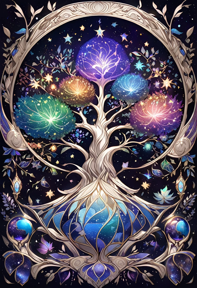 Black light、濃い赤とpurple、Bioluminescent Japanese fantasy tree of life and fairytale style robots、Space galaxy background、White gold foil metallic ink、Highly detailed leaves、Tree of life with star-shaped branches、purple、green、Leaves made of stars and moon in the sky in galaxy colors on black