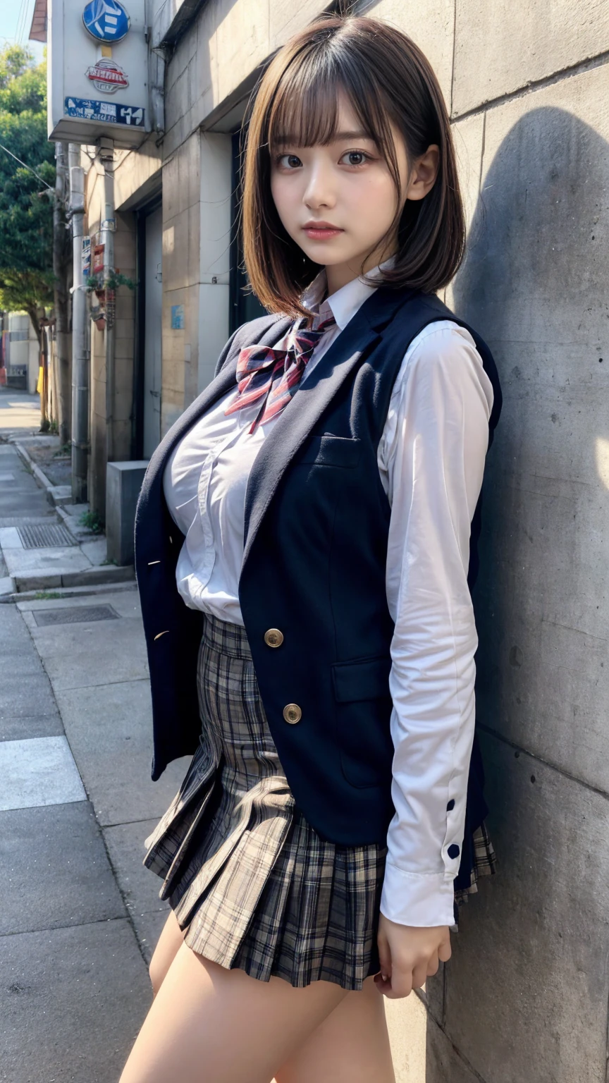 masterpiece, best quality, illustration, Super detailed, fine details, High resolution, 8K,wall paper, perfect dynamic composition,(Details High quality, realistic depiction of eyes:1.3), from side, High School Classroom、High school girl uniform、blazer 、Super Short Check Uniform Skirt、Navy blue high socks、garterbelts、Colossal tits、Disturbed uniform, short bob hair, black hair color, large breasts, Big Natural Color Lip, bold sexy pose, (perfect body shape), crying a little、cold gaze, Harajuku style、20 year old girl、cute type, beautiful legs, hposing Gravure Idol, Voluptuous thighs
