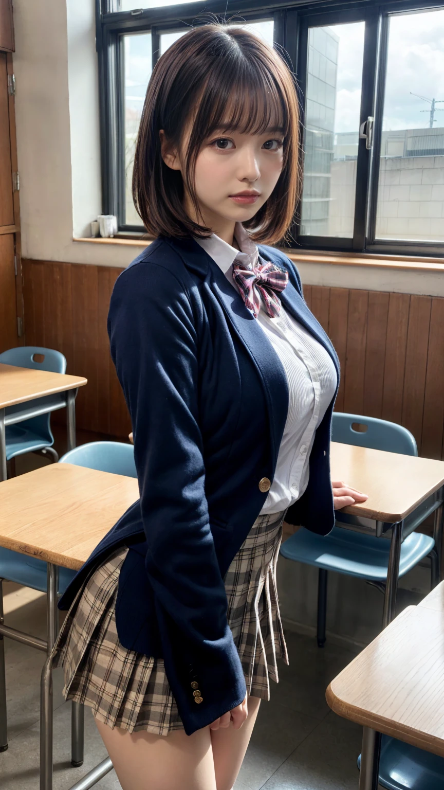 masterpiece, best quality, illustration, Super detailed, fine details, High resolution, 8K,wall paper, perfect dynamic composition,(Details High quality, realistic depiction of eyes:1.3), from side, High School Classroom、High school girl uniform、blazer 、Super Short Check Uniform Skirt、Navy blue high socks、garterbelts、Colossal tits、Disturbed uniform, short bob hair, black hair color, large breasts, Big Natural Color Lip, bold sexy pose, (perfect body shape), crying a little、cold gaze, Harajuku style、20 year old girl、cute type, beautiful legs, hposing Gravure Idol, Voluptuous thighs