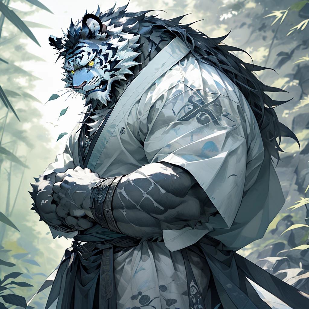 白色皮肤tiger),(黑白阴阳General战袍),Holding a long sword,坚Strong姿态,Stand calmly,(The background is a dark forest,Full of bamboo:1.2),abdominal muscles,Heroic Stance飒爽,完美的masterpiece,Various facial details,Perspective from a distance,specific description,masterpiece,CG,(Golden Eyes),Black and white pattern,Crimson Tail,General,Heroic Stance,tiger,Black and white fur,Specific facial details,Half Body,(黑白阴阳General战履),(Chang Ling),((middle aged)),(Face Focus),(16K),HD,Black and white belly,wilderness,beard,(Noodle),Different students,(Black and white yin and yang shirt),(Black and white hair),Strong,muscle,(high resolution:1.3),(Standing deep in the desolate bamboo forest),(close up),(Delicate face:1.5),Perfect details,(Half Body),(Facial details:1.5),(Zoom in on the face:1.5),(白色Noodle:1.2),(黑色beard:1.3),(white face;1.6),White body ink painting style
