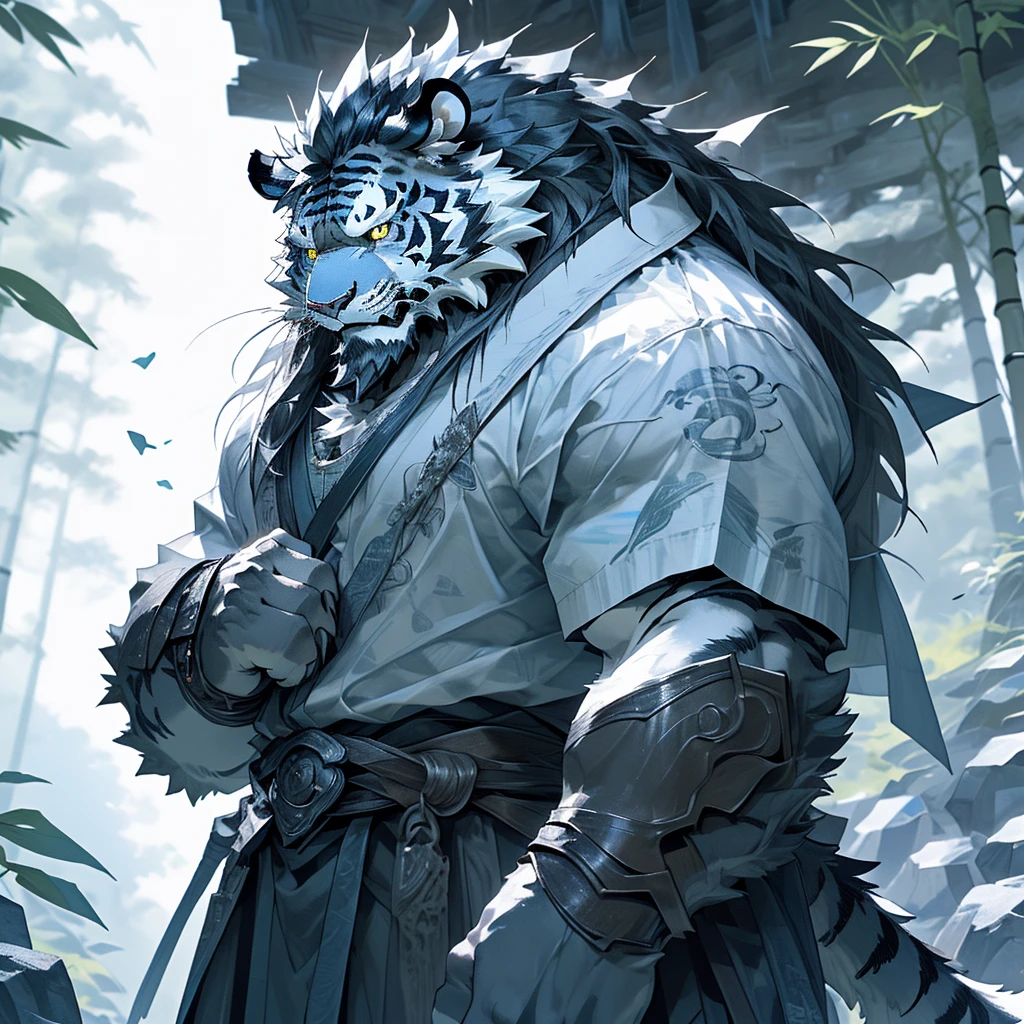 白色皮肤tiger),(黑白阴阳General战袍),Holding a long sword,坚Strong姿态,Stand calmly,(The background is a dark forest,Full of bamboo:1.2),abdominal muscles,Heroic Stance飒爽,完美的masterpiece,Various facial details,Perspective from a distance,specific description,masterpiece,CG,(Golden Eyes),Black and white pattern,Crimson Tail,General,Heroic Stance,tiger,Black and white fur,Specific facial details,Half Body,(黑白阴阳General战履),(Chang Ling),((middle aged)),(Face Focus),(16K),HD,Black and white belly,wilderness,beard,(Noodle),Different students,(Black and white yin and yang shirt),(Black and white hair),Strong,muscle,(high resolution:1.3),(Standing deep in the desolate bamboo forest),(close up),(Delicate face:1.5),Perfect details,(Half Body),(Facial details:1.5),(Zoom in on the face:1.5),(白色Noodle:1.2),(黑色beard:1.3),(white face;1.6),White body ink painting style