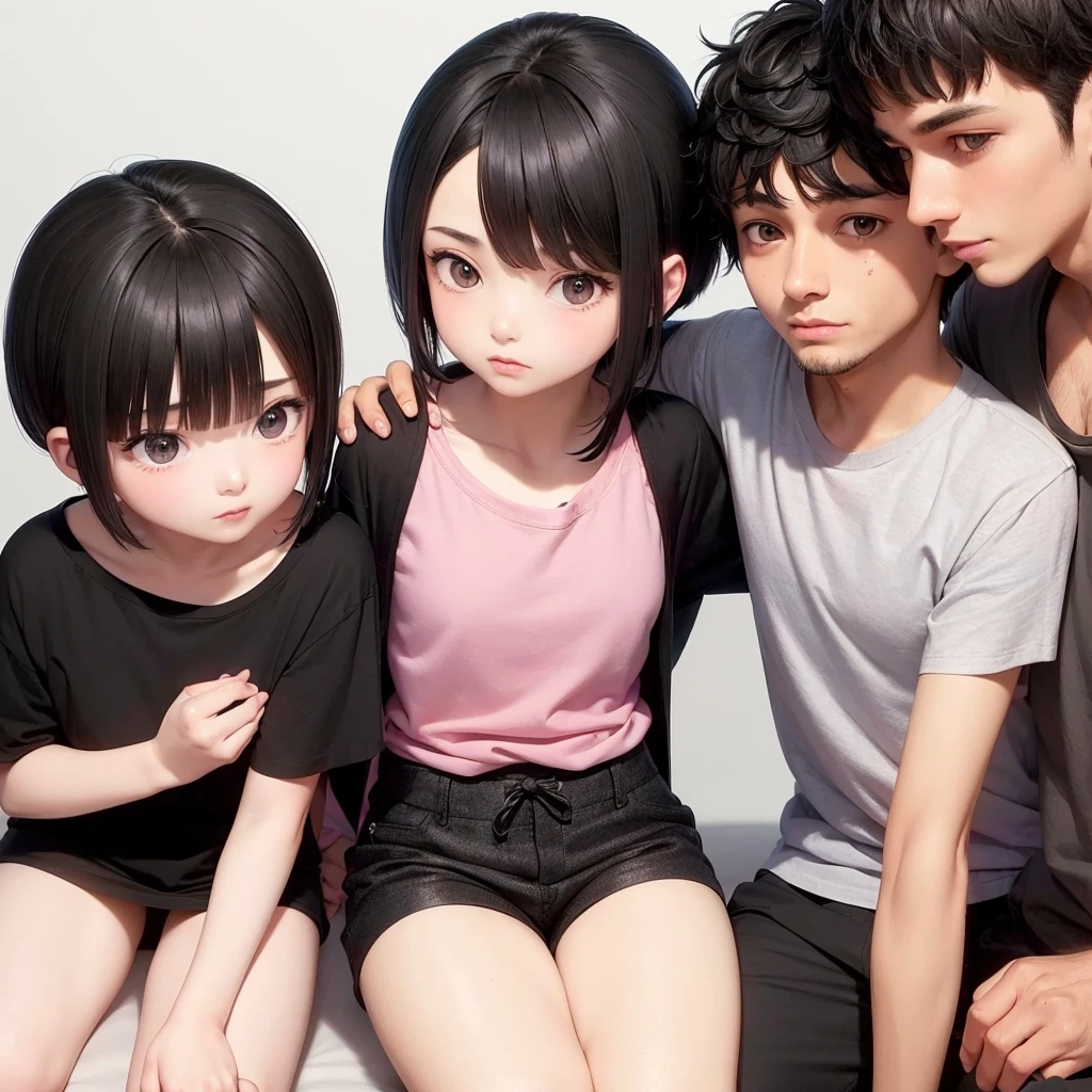 A couple the girl with a black hair and boy with black slick back short hair taking pictures only and the boy is macular body and the with a little bit of beard girl is wearing pink top and boy is wearing black fit tshirt sitting together without showing their legs only showing the upper body 