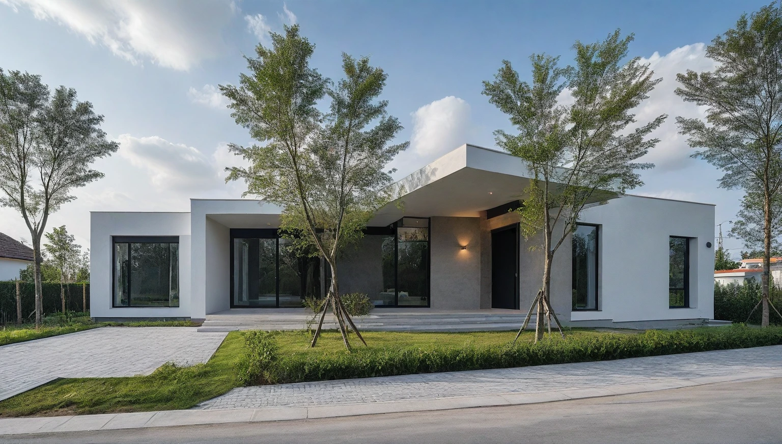 Raw photo,Masterpiece, high quality, best quality, authentic, super detail,
outdoors, onestoreyvillaXL, aiaigroup, house style modern on the street ,stairs, white wall
road,pavement, grass, trees, sky, cloud, (daylight:1.1)