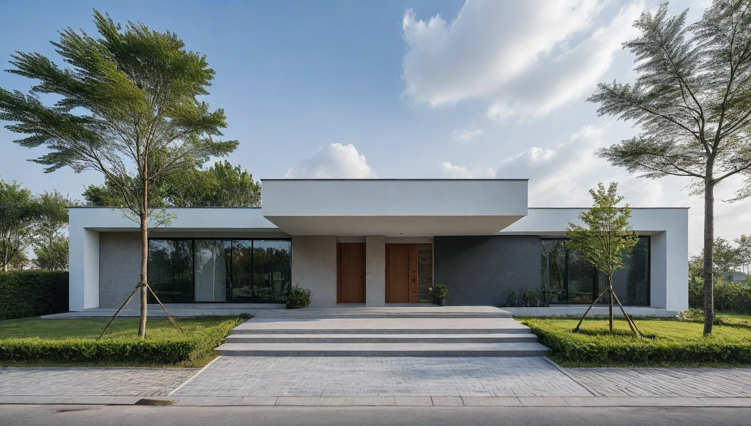 Raw photo,Masterpiece, high quality, best quality, authentic, super detail,
outdoors, onestoreyvillaXL, aiaigroup, house style modern on the street ,stairs, white wall
road,pavement, grass, trees, sky, cloud, (daylight:1.1)