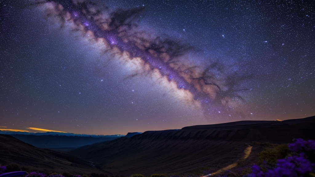 dreamy milky way with purple, blue and yellow hue against a dark blue night sky with the centre milky way focus covers only 1/3 centre of the picture