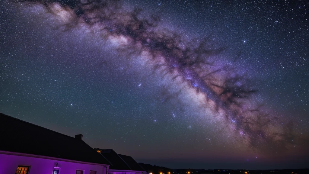 dreamy milky way with purple, blue and yellow hue against a dark blue night sky with the centre milky way focus covers only 1/3 centre of the picture