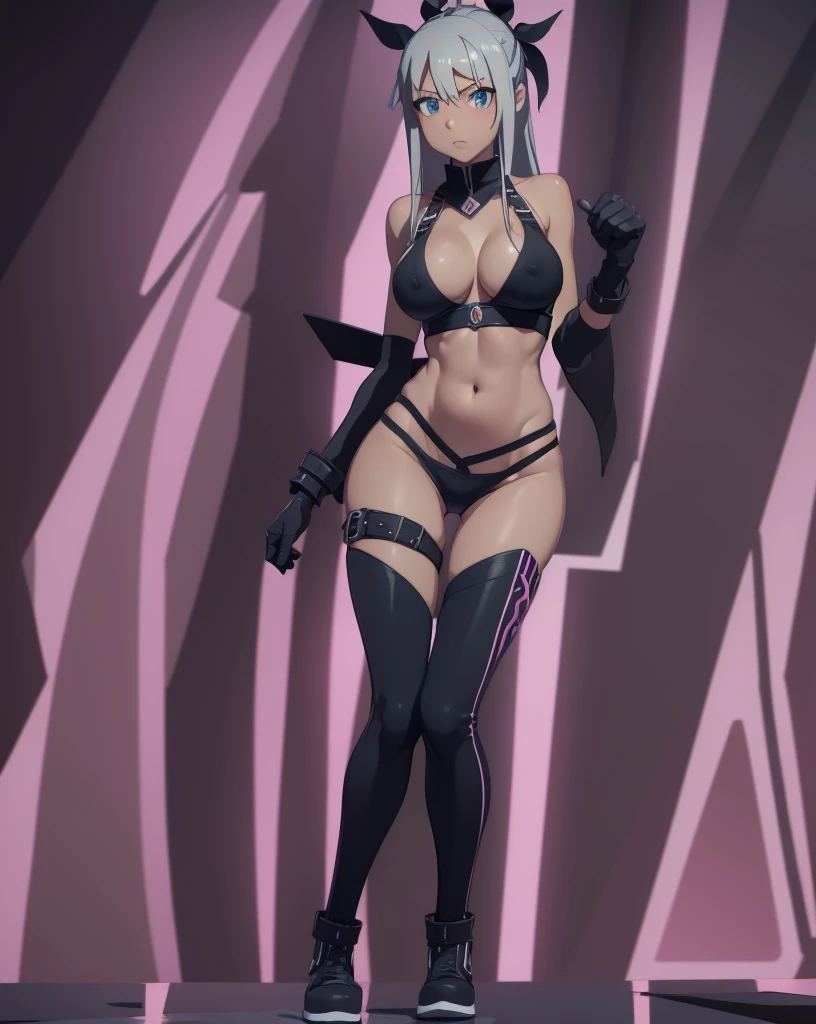 Maka Albarn (Soul Eater), solo, detailed, high quality, 4K, athletic figure, 34B breasts, sultry expression, dark background with neon lights, bold colors, cleavage visible, nipples slightly visible, lively gaze, correct proportions, symmetrical composition.