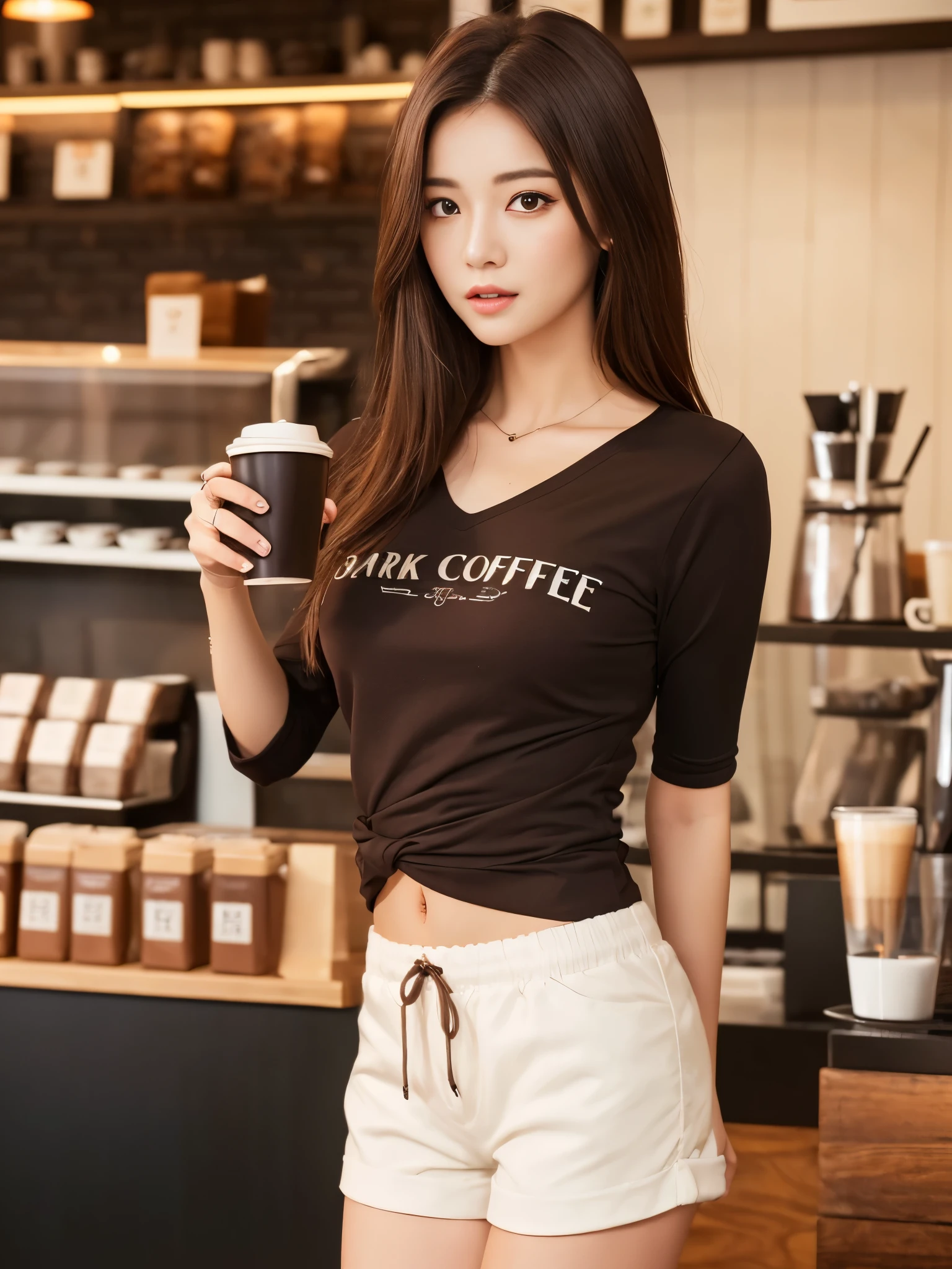 ((morning, Highest quality, 8k)), whole body, Long legs, Beautiful woman with perfect figure, Slim Abs, ((Dark brown hair, Medium chest)), ( shirt, Shorts, Over a cup of coffee), ((coffee shop)), Highly detailed face and skin texture, Detailed eyes