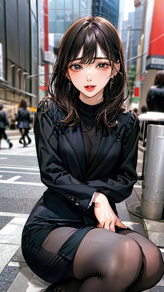 Masterpiece,quality,High resolution,高quality,Realistic,Straight Hair,Pencil Skirt,Collared shirt,Black jacket,Torn pantyhose:1.5,Earrings,Earrings,Bend,Leaning against a wall,Spread your legs:1.5 Ahegao,Orgasm background with skyscrapers,crowd:1.5,Fair skin,Feet Focus,Male hand:1.5,night, roadside,ID card,