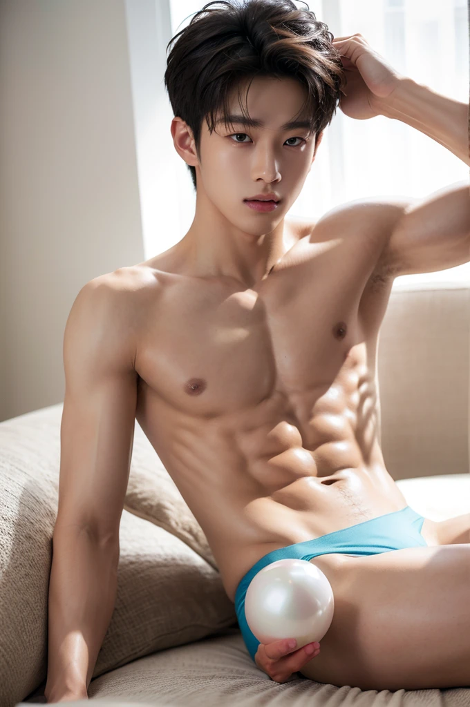 A male teenager, handsome, abs, topless,Wearing thong, Sexy,Sitting sideways on a huge pearl.