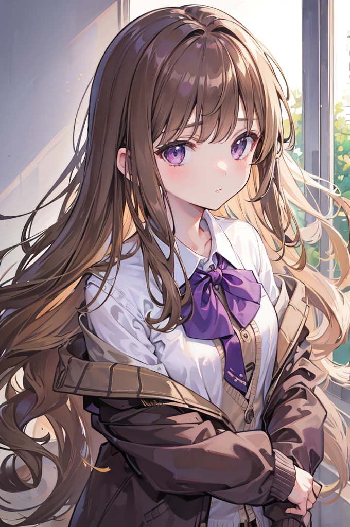light brown hair, long wavy hair, portrait, girl, timid, gentleness, dark purple eyes, blouse, Cardigan, Earset, D cup, Short tie, Well-groomed bangs