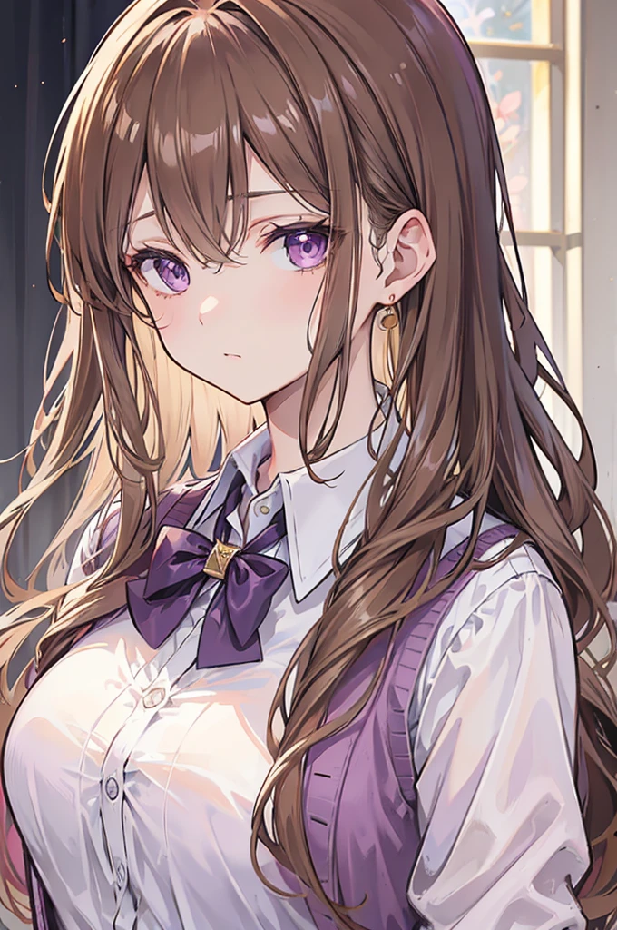 light brown hair, long wavy hair, portrait, girl, timid, gentleness, dark purple eyes, blouse, Cardigan, Earset, D cup, Short tie, Well-groomed bangs