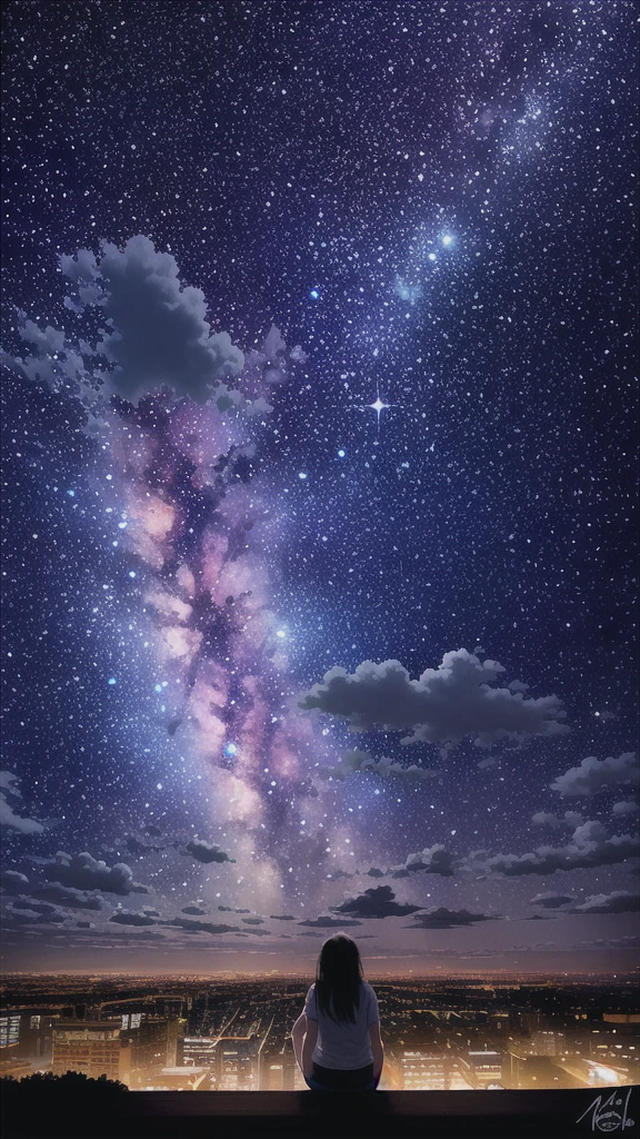 octans, sky, star (sky), scenery, starry sky, night, 1girl, night sky, solo, outdoors, signature, building, cloud, milky way, sitting, tree, long hair, city, silhouette, cityscape