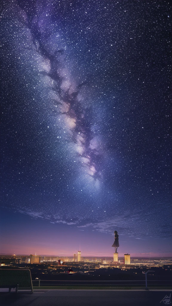 octans, sky, star (sky), scenery, starry sky, night, 1girl, night sky, solo, outdoors, signature, building, cloud, milky way, sitting, tree, long hair, city, silhouette, cityscape