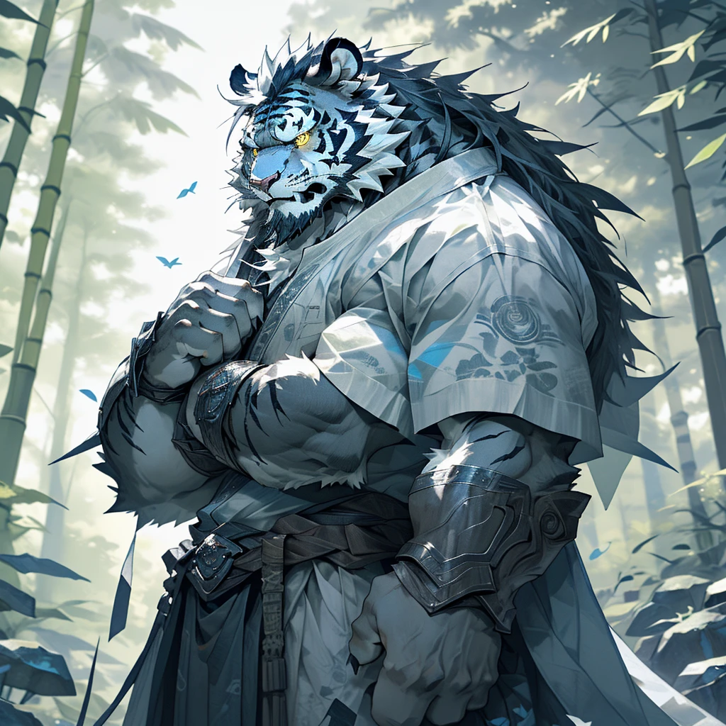 白色皮肤tiger),(黑白阴阳General战袍),Holding a long sword,坚Strong姿态,Stand calmly,(The background is a dark forest,Full of bamboo:1.2),abdominal muscles,Heroic Stance飒爽,完美的masterpiece,Various facial details,Perspective from a distance,specific description,masterpiece,CG,(Golden Eyes),Black and white pattern,Crimson Tail,General,Heroic Stance,tiger,Black and white fur,Specific facial details,Half Body,(黑白阴阳General战履),(Chang Ling),((middle aged)),(Face Focus),(16K),HD,Black and white belly,wilderness,beard,(Noodle),Different students,(Black and white yin and yang shirt),(Black and white hair),Strong,muscle,(high resolution:1.3),(Standing deep in the desolate bamboo forest),(close up),(Delicate face:1.5),Perfect details,(Half Body),(Facial details:1.5),(Zoom in on the face:1.5),(白色Noodle:1.2),(黑色beard:1.3),(white face;1.6),White body ink painting style