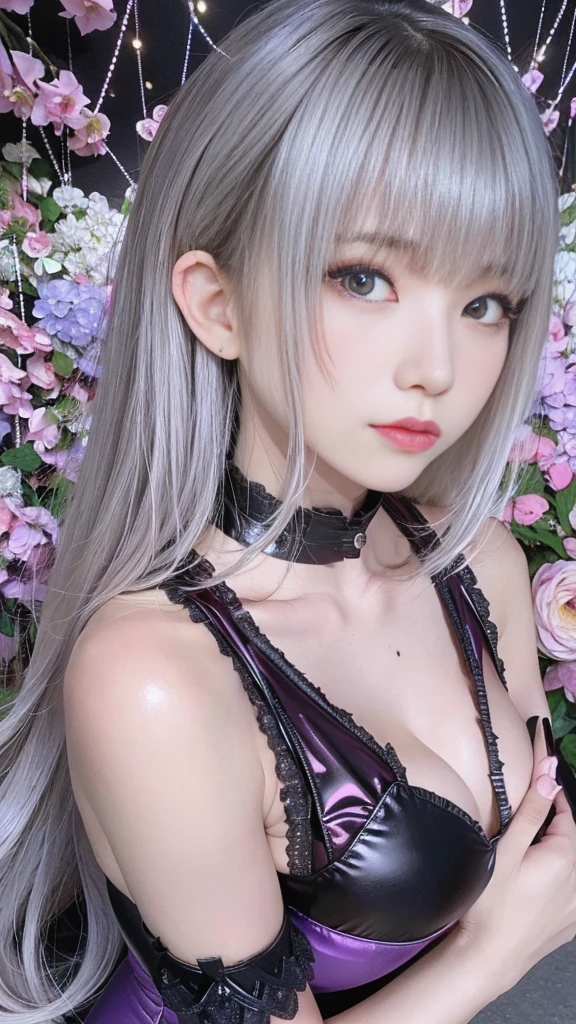 (Thin eyebrowouth closed)))))、((Very strong sunlight))、((((Beautiful silver hair))))、((Small Head))、(Beautiful silver hair with short wavy:1.2)、Full Body Shot、(((8k, RAW Photos)))、 (((Same face as cosplayer))),(High resolution8kで上から撮影)、(Very delicate and beautiful)、(masterpiece)、(Highest quality:1.0)、(超High resolution:1.0)、Realistic Shadows、[High resolution]、 Fine skin、Very detailed、(Beautiful Hair)、Photorealistic、A vivid face、Big breasts and small waist、Realistic eyes、Small eyes、looking at the camera、(((Between the breasts)))、(eyeliner)、(mascara)、 Pink lips、((Looks very happy))、Show your shoulders、Intricate patterns and transparent materials、Artistic depiction of an attractive woman, Accentuates an attractive silhouette。The scene is、、Bask in the hot sun、It brings out the delicate beauty and charm of nature.。(((Intricate details))、Advanced Details、choker、Browsing Caution,((Highest quality、8k、masterpiece:1.3))、Sharp focus:1.2、 (((Purple and silver patent leather corset)))、