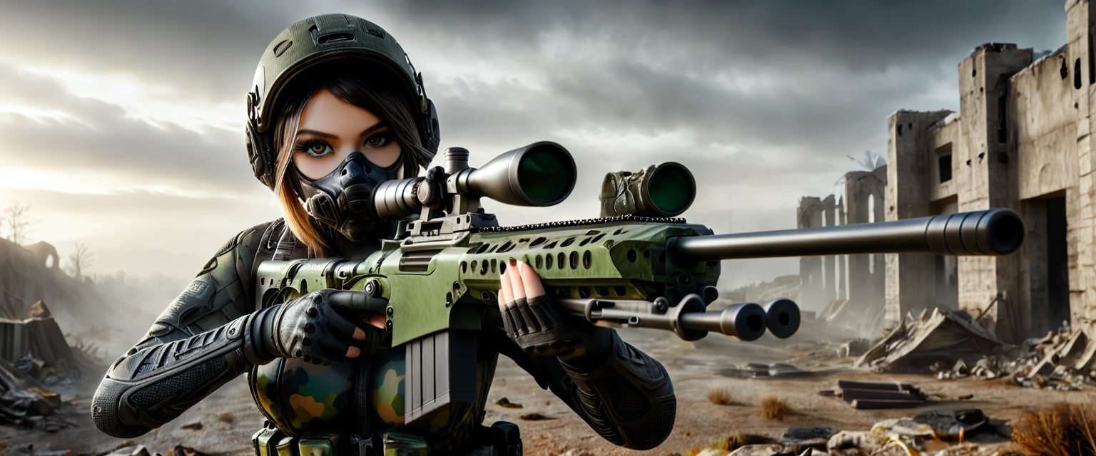 Young and very beautiful female sniper, aiming the muzzle of her sniper rifle at the viewer, detailed ideal proportions, shapely large breasts, detailed face, beautiful eyes, long eyelashes, serious expression, tactical helmet, camouflage latex suit, tactical equipment, sniper rifle, war-torn landscape, cloudy, foggy, ruins, wreckage, cinematic lighting, grainy, gloomy, dark, muted colors, realistic, 8k, high resolution, detailed description, masterpiece