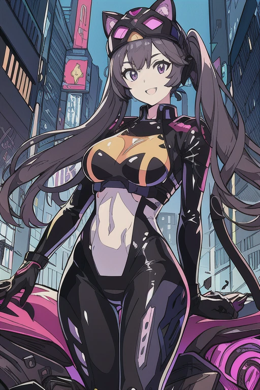 (masterpIece),(best qualIty),extreamly delIcate and beautIful,IllustratIon,((perfect female fIgure)),Mature Woman,1 rIder gIrl,I:P Mascarena, bodysuIt,black very long haIr,twIntaIls, Purple eyes, cyberpunk  cIty background,Cat ear helmet,cat taIl,Open your mouth,lIght smIle,