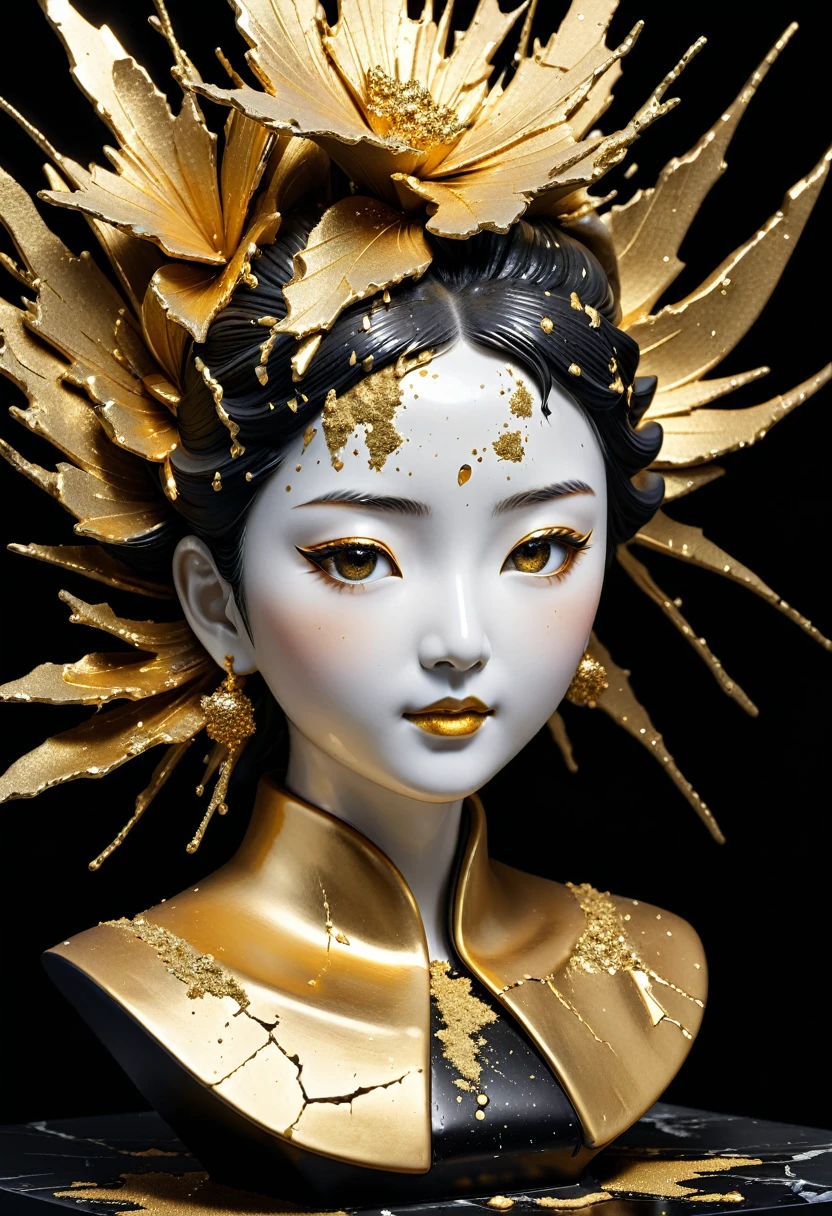 (happy_expression),Perfect eyes, ((exhibit,Still Life Table,Artistic statues,3D Sculpture,ceramics,Surface cracks,Shattered Texture)), Show the beauty of nature.Kaneko,Gold Dust,portrait, This artwork is presented on a black background,Emphasize its artistic quality.