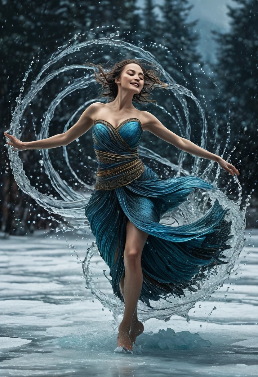 A cheerful beautiful женщина 40 лет, dancing, drkms,(full body:1.1), on Thin Ice,drkms, water-bender,charybdis, dark,abstract,messy,masterpiece,32k uhd,extreme detailed,masterpiece,sharp focus,intricate detail,kris kuksi