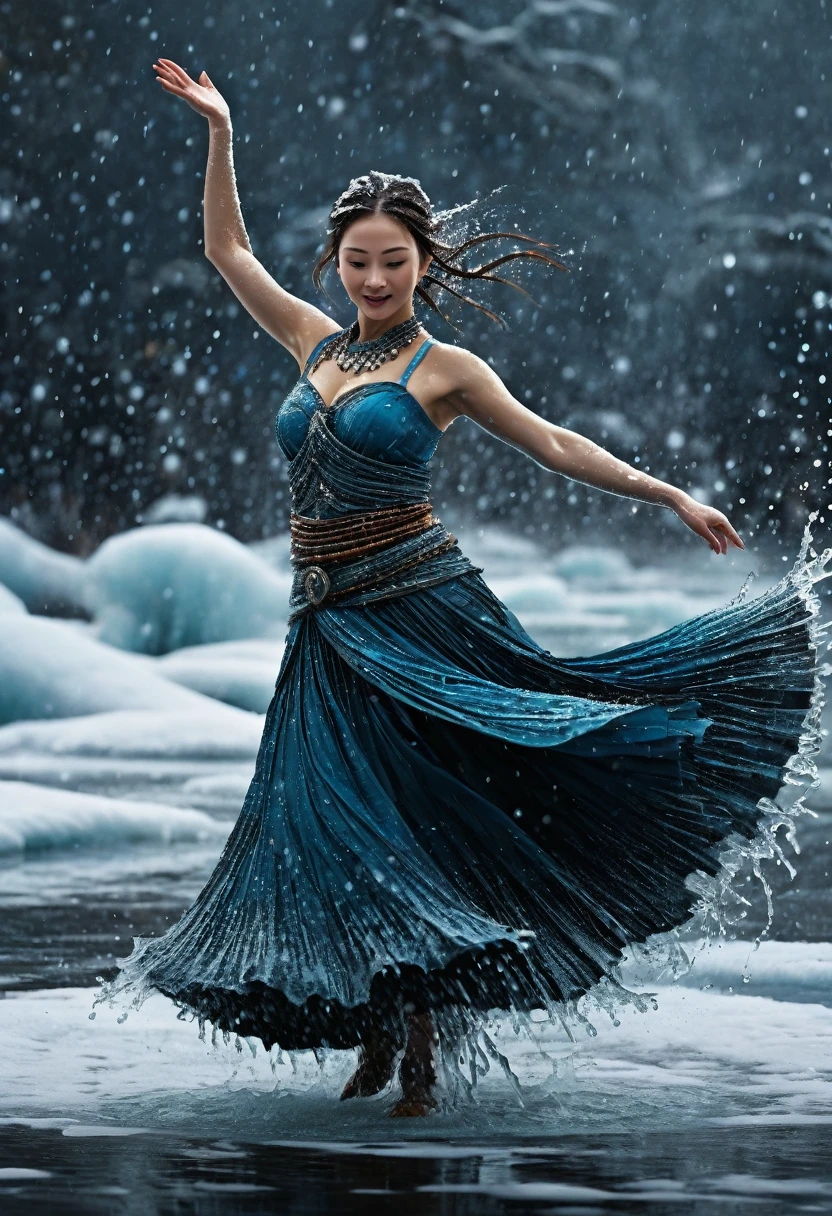 A cheerful beautiful женщина 40 лет, dancing, drkms,(full body:1.1), on Thin Ice,drkms, water-bender,charybdis, dark,abstract,messy,masterpiece,32k uhd,extreme detailed,masterpiece,sharp focus,intricate detail,kris kuksi