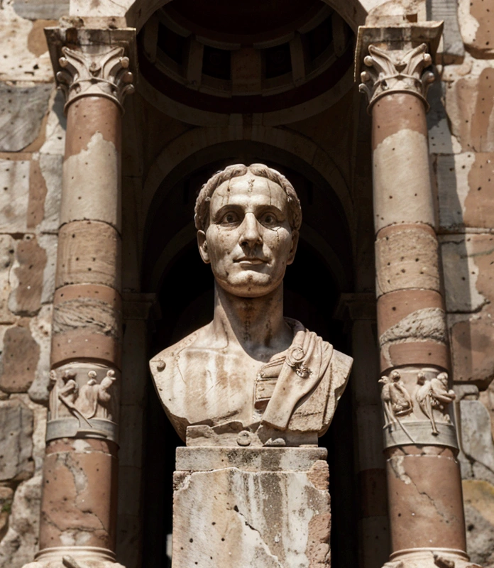 Cicero's severed head and hands displayed prominently on the Rostra in the Roman Forum, with the background of ancient Rome.