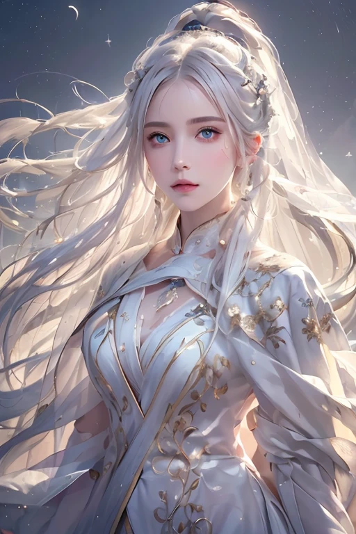 masterpiece, (best quality: 1.2), (Ultra-fine: 1.2), illustration, (extremely delicate and beautiful: 1.2), Film Angle, floating, (beautiful details eyes: 1.1), (Detail lights: 1.1), Cinema lights, Exquisite sky, Miss, white hair, blue eyes, (High ponytail: 1.1), Cloak, glowing eyes, (moon: 1.2), (moonlight: 1.1), Starry Sky, (light particles: 1.1), FOG , snow painting, sketch, Bloom
