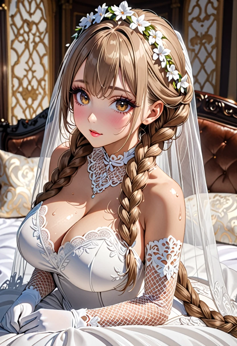 (((Highest quality, Ultra-high resolution、The most complex and detailed depiction)))、((masterpiece:1.3)), (8k, RAW Photos, Best image quality: 1.4), Very detailedな顔、Attention to detail、(Beautiful woman:1.4),(Realistic:1.4) (8k, RAW Photos,), (photo-Realistic:1.2), Very detailed, Beautiful attention to detail, (girl:1.3)、(((Bride in prom dress)))、Dark eyeliner、Eyelash length、False eyelashes、double eyelid、Brown eyes、Light fluorescent lip gloss, ((hostess:1.2))，((White wreath on head、Wedding Veil、Maria Bale))、Pink heart choker around the neck),(((open wedding dress)))、(((White Mesh Opera Gloves))),(Huge breasts:1.6),、(Cleavage:1.2)、(((Light brown hair、Braiding hair、((Tie the braided hair at the back of your head，Put your braided hair up)))))、Gal-style makeup、Dark eyeliner、Black eyeliner、Heavy eye makeup、Eyelash length、False eyelashes、Eyelash length、Big eyes、Big black eyes、Big eyes、elongated nose、Heavy makeup、Face with gills、Spread your legs and face forward.、(((whole body)))、Spread your legs座る、Spread your legs、、Glamorous Body、(Saggy breasts、Large saggy breasts)、((Sweat、Your body is wet))、(((Lie face up on the bed)),(Breastfeeding with your arms、Cover your crotch with your hands)