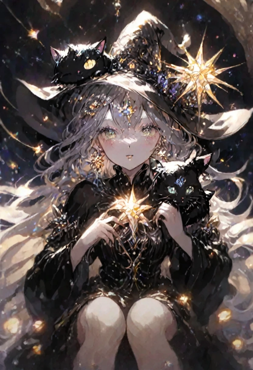 witch, Sitting elegantly and playing with a black kitten,The background is a glittering star