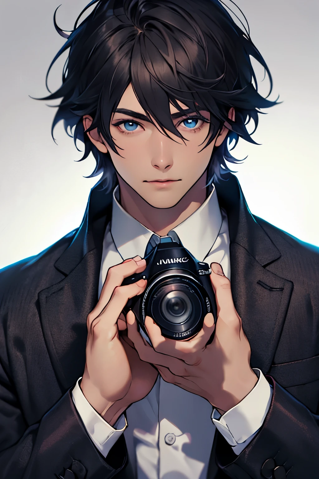 Create a Gentleman holding digital camera near her eyes focusing backgrounds of the black and photo with high quality