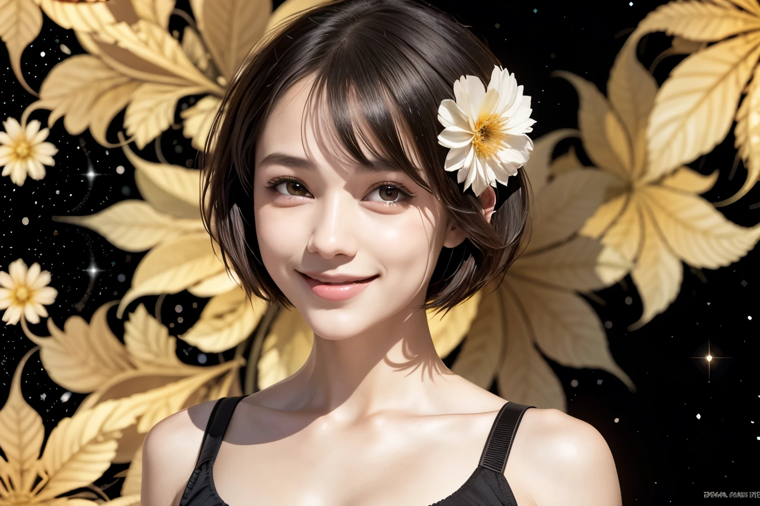 257 20-year-old female, (short hair),(Abstract background,Fractal Art), smile, flower