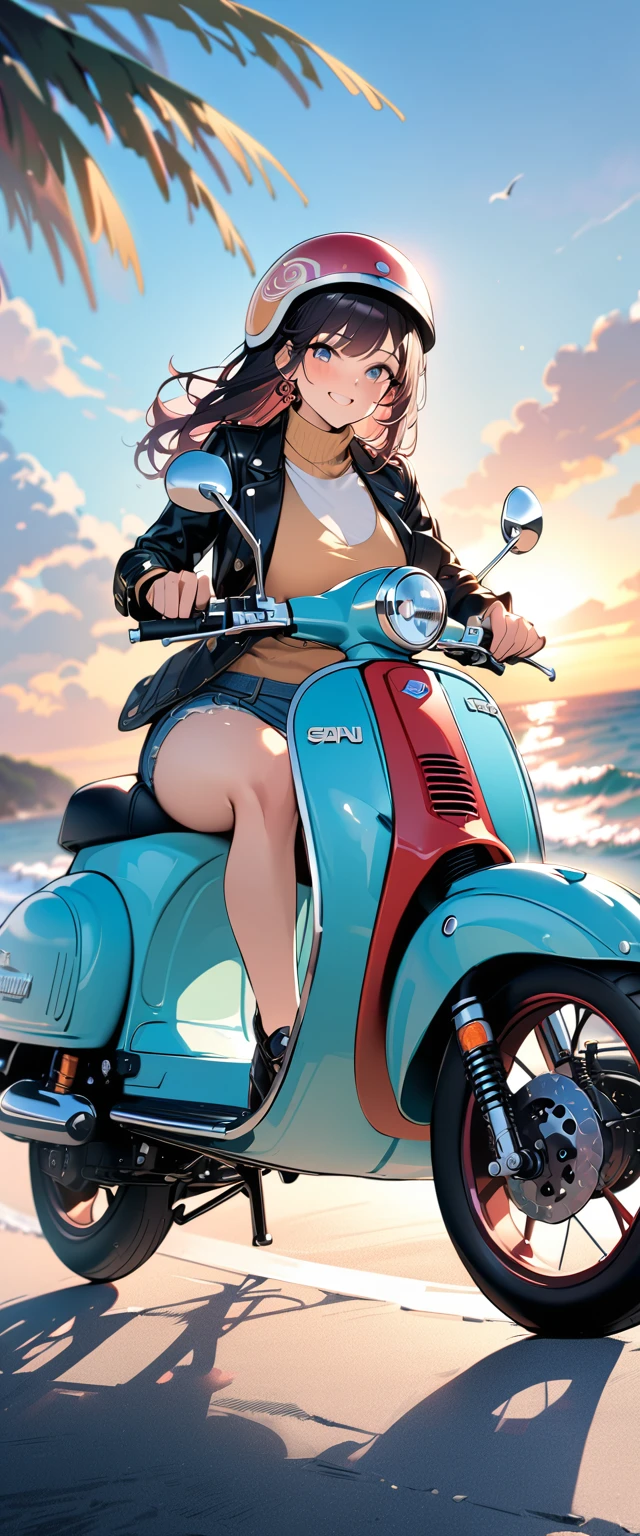 (masterpiece),(Highest quality:1.2),(Super detailed),(High resolution),(Highest quality),An illustration,8k,wallpaper,One female,A woman riding a green Vespa along a coastal road,(smile),Retro helmet,Stylish clothing,Detailed hands,Beautiful female hands,(Hand,detailed,perfect,perfection,hands),Blurred Background,blue sky,sun,Beautiful sea,dynamic