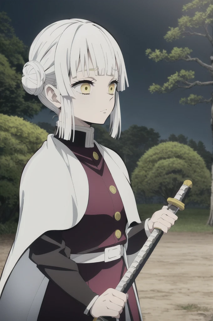 kimetsu no yaiba style, 1girl, white hair in a bun, demon slayer uniform, solo, yellow eyes,holds a katana ,white hair, black cape, cape, outdoors, bangs, tree,, anime coloring,  ((masterpiece)) , fighting a demon scene, scene fight at night background 