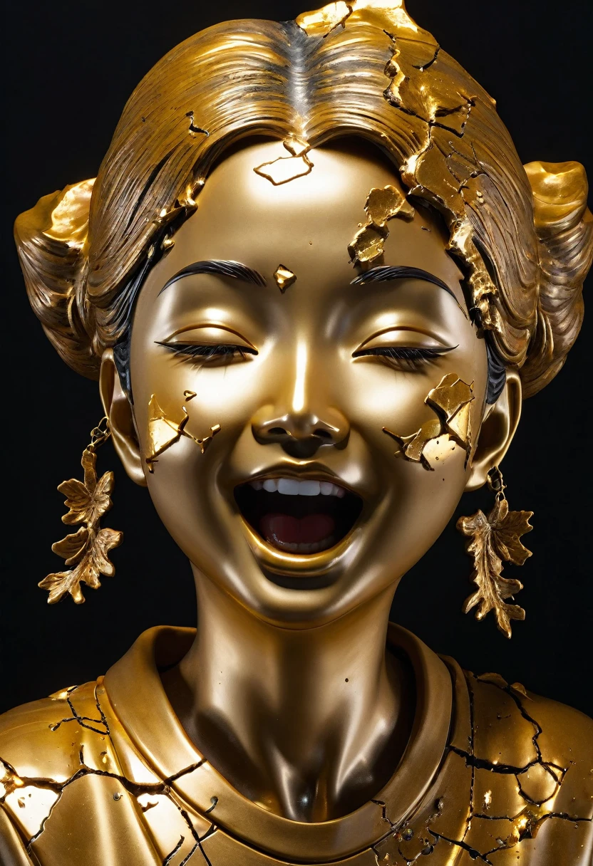 (happy facial expression),((exhibit,Still Life Table,Artistic statues,3D Sculpture,ceramics,Surface cracks,Shattered Texture)), Show the beauty of nature.Kaneko,Gold Dust,portrait, This artwork is presented on a black background,Emphasize its artistic quality.
