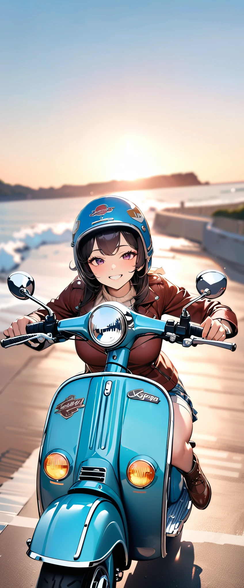 (masterpiece),(Highest quality:1.2),(Super detailed),(High resolution),(Highest quality),An illustration,8k,wallpaper,One female,A woman riding a green Vespa along a coastal road,(smile),Retro helmet,Stylish clothing,Detailed hands,Beautiful female hands,(Hand,detailed,perfect,perfection,hands),Blurred Background,blue sky,Sunset,Beautiful sea,dynamic