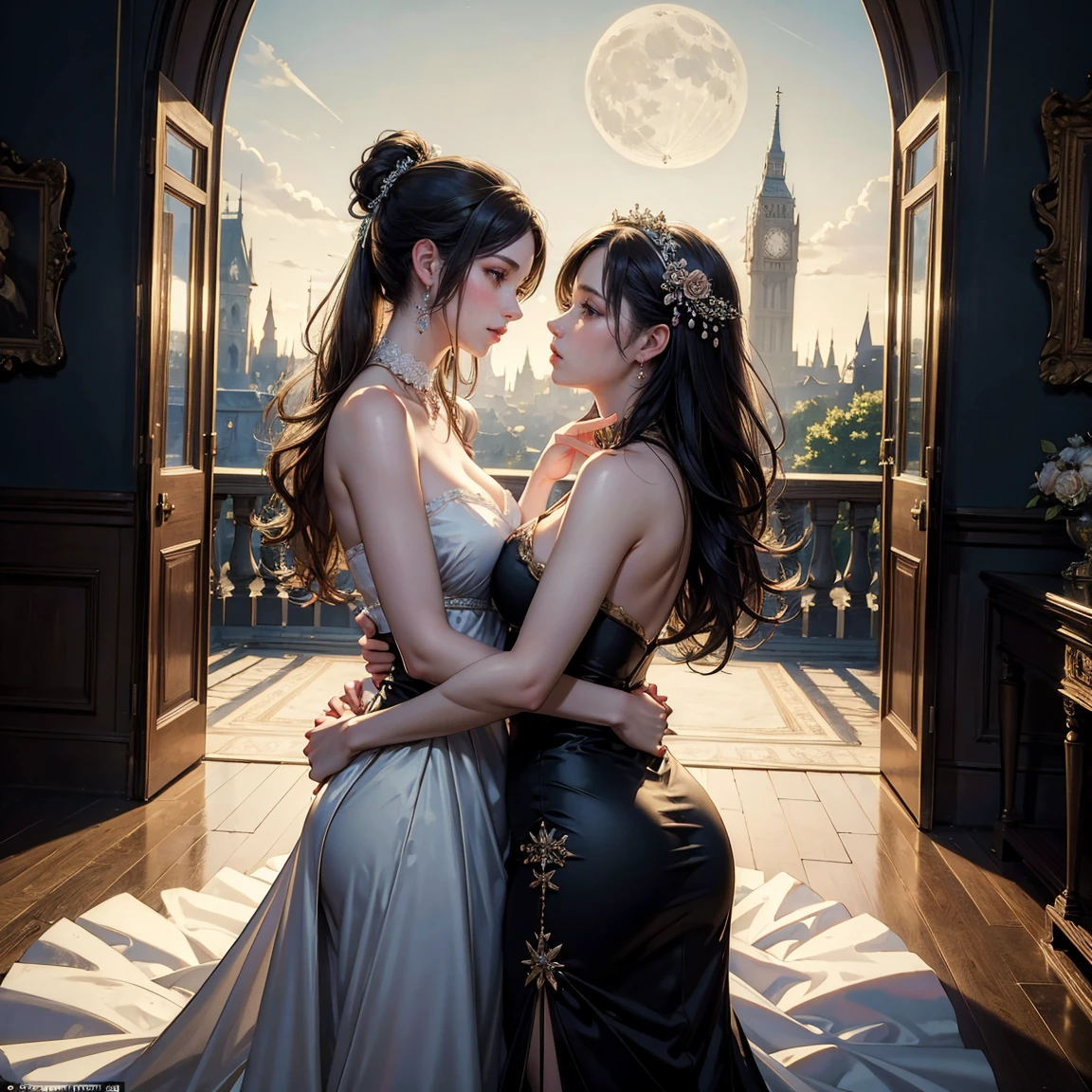 (masterpiece, best quality:1.5), two women is deeply in love with each other, kiss, romantic atmosphere, flower and moon, magnificent panorama view