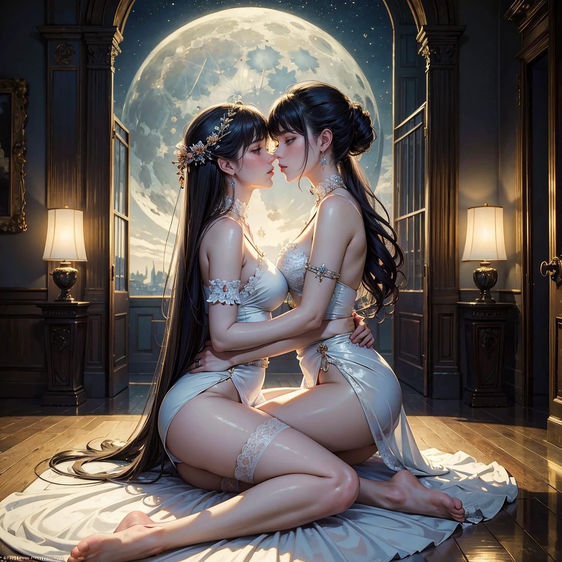 (masterpiece, best quality:1.5), two women is deeply in love with each other, kiss, romantic atmosphere, flower and moon, magnificent panorama view