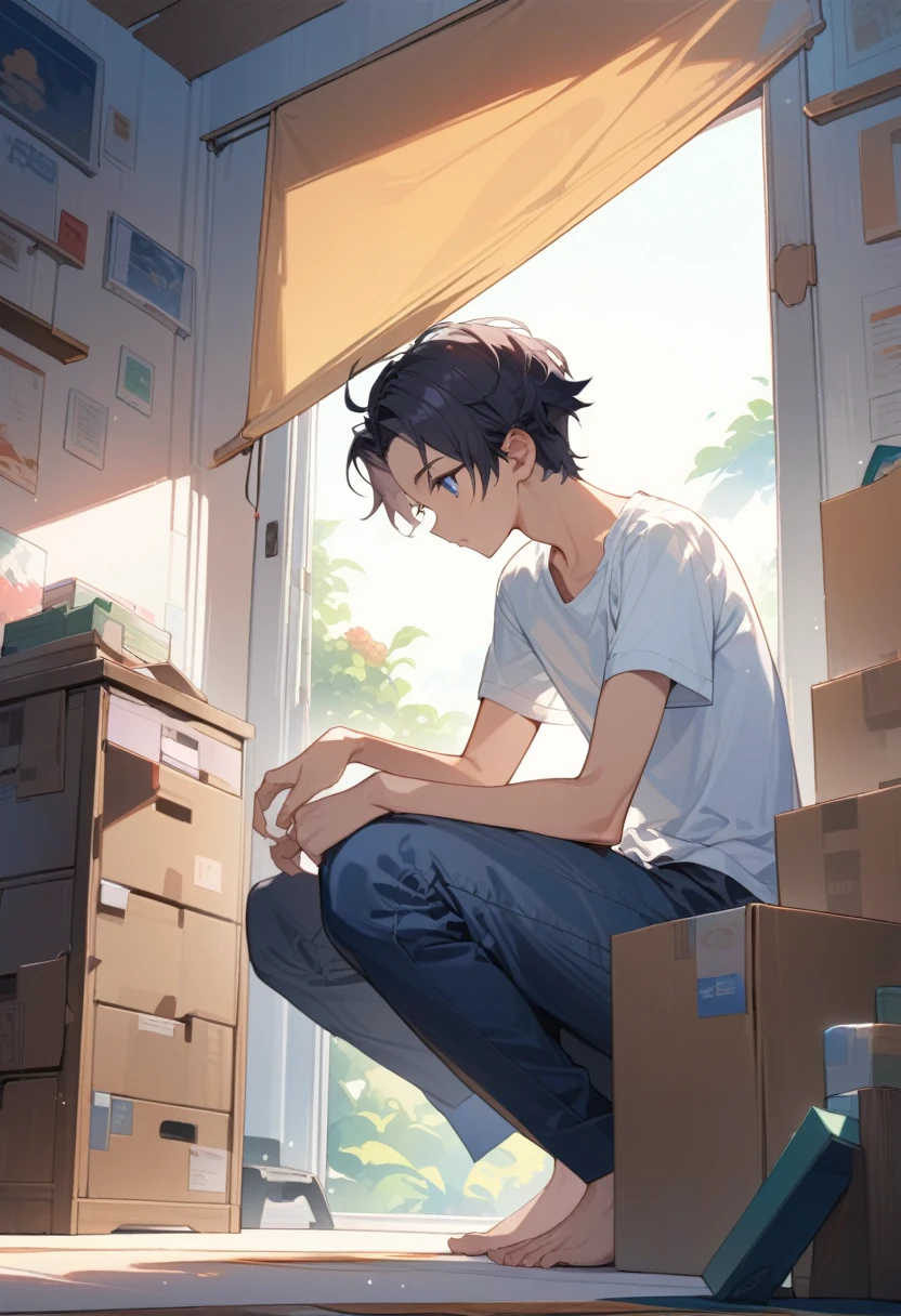 masterpiece, best quality, extremely detailed, ultra detailed, flat anime, 2D,
((1boy)),black hair, (short hair:1.5),blue eyes, height 1.7meters, (circle eyes:1.2), (young adult:1.2), Ear-length sideburns,
long Sleeves, White T-shirt, barefoot, ((short sleeves)), ((long pants)),
squatting, looking away, expressionless,open mouth, full body,three-quarter view,
summer, 12AM, livingroom,organizing the boxes., I'm looking at the material in my hand.