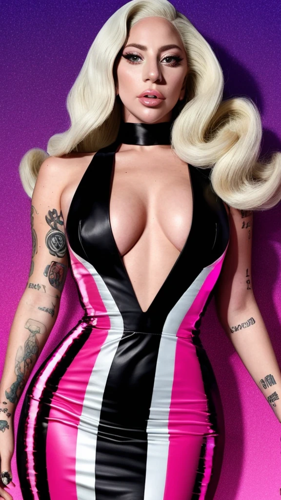 Lady gaga Wearing a seductive black dress with a pink background