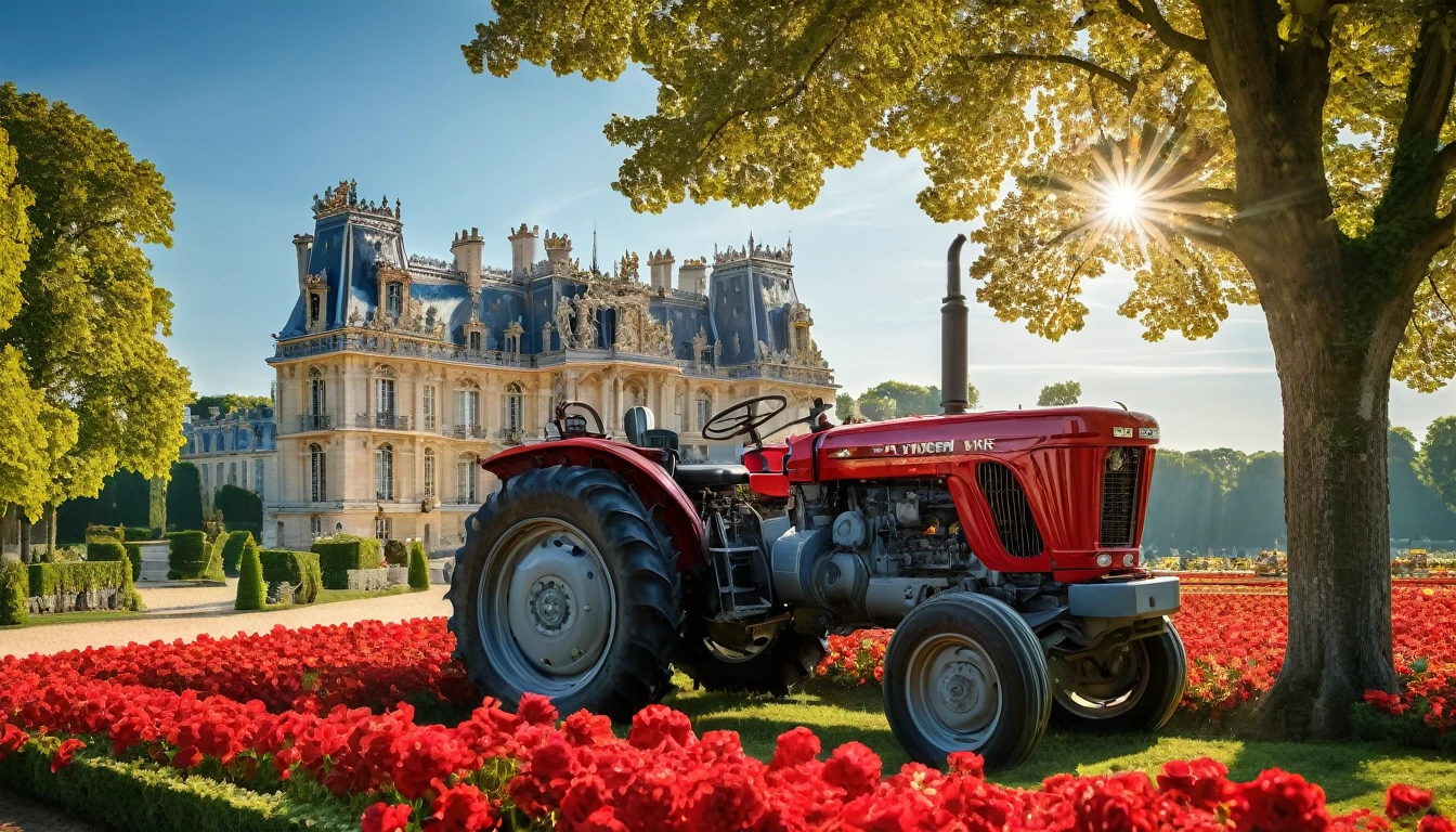 Paris Mint, Versailles castle, detailed castle façade, intricate carvings, lush gardens, vibrant flowers, sunlight filtering through trees, striking red and silver tractor, meticulous details of the tractor, high image quality, vivid colors, carefully crafted lighting. monnaie de Paris se distingue à travers le château de Versailles et devient un tracteur rouge et argent