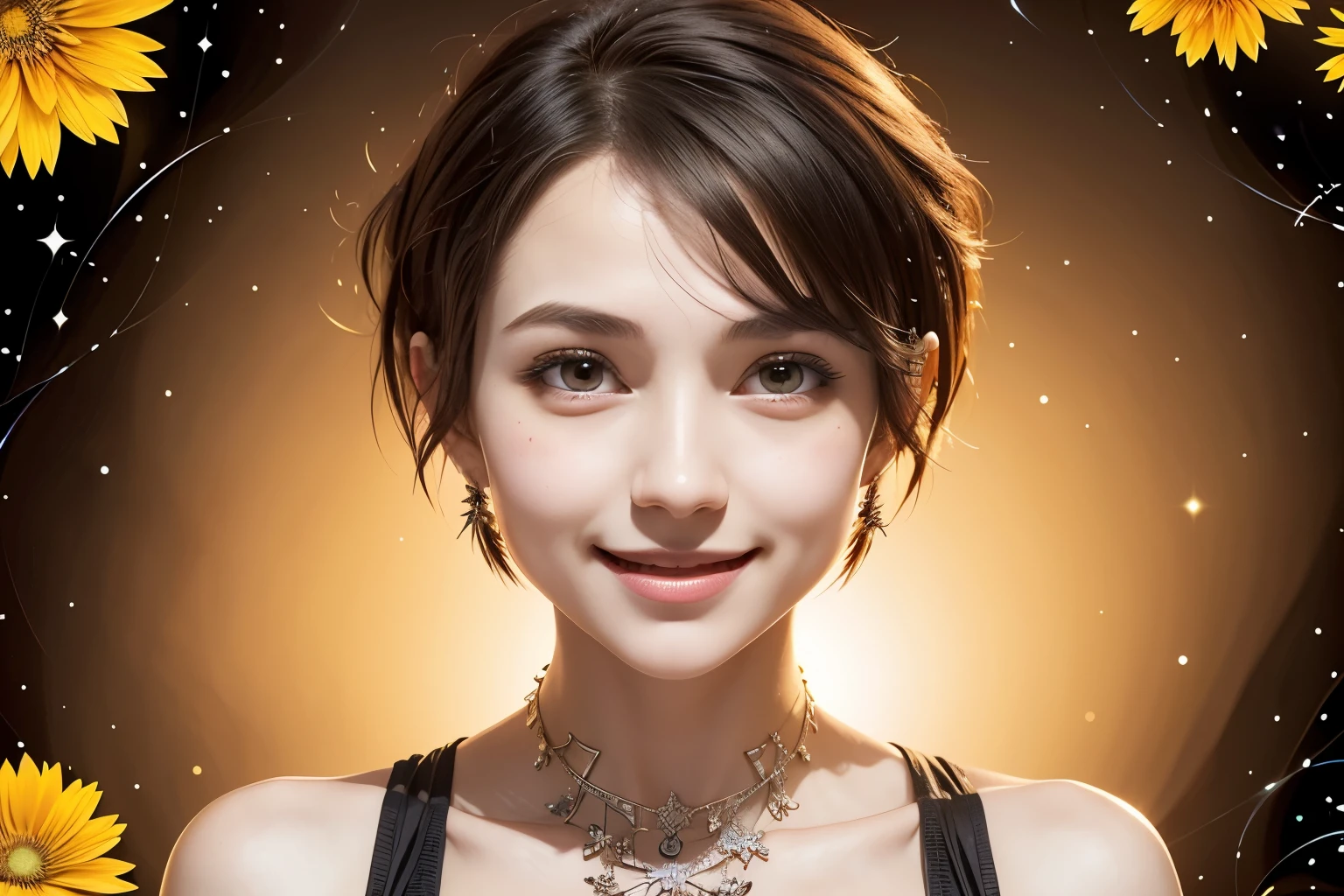 257 20-year-old female, (short hair),(Abstract background,Fractal Art), smile, flower