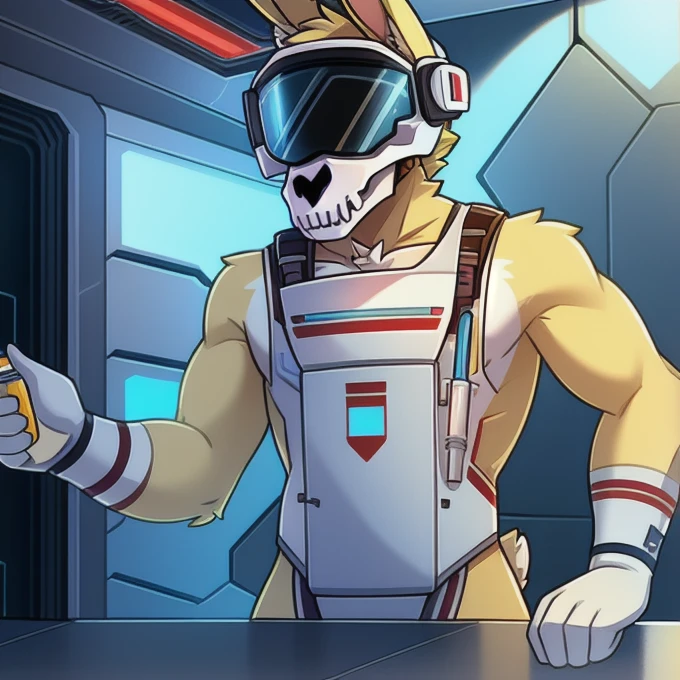 solo, male, rabbit, yellow colored fur, lean body, anthropomorphic rabbit, sci-fi medic, liquid tank on back, helmet with visor, skull carved into visor, white medical suit, needle hand, tank with a tube connected to the arm, standing in battlefield, sci-fi armour