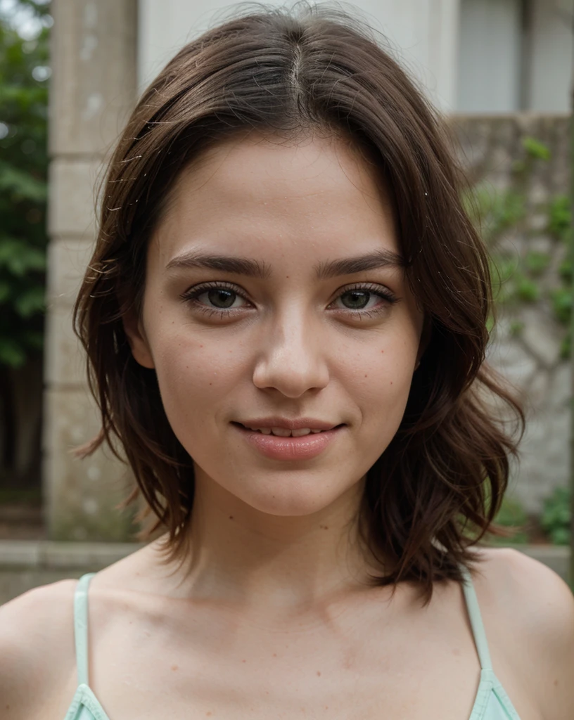 Cute beautiful sexy latin girl dark eyed brunette, 22 years old,
seductive look in eyes, girl wears bathing suit, castle ruins, full body shot, walking, sardonic smile,
innocent face, face-length 1.3 times the face-width, almond-shaped eyes, squared face-shape, high cheekbones, naturally wavy hair, light-green eyes, high-res, masterpiece, best quality, intricate details, very detailed, sharp focus, detailed skin, realistic skin texture, texture, detailed eyes, professional, 4k, charming smile, shot with Canon, depth of field, Kodak Vision color, perfectly fitting body, extremely detailed, photo_\( ultra\), photorealistic, realistic, post processing, maximum details, roughness, real life, ultrarealistic, photorealism, photography, 8k UHD, photography
