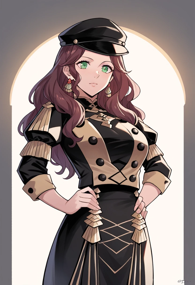 score_9, score_8_up, score_7_up, source_anime, Dorothea (Fire Emblem), mldortgm, black headwear, black skirt, (black uniform), brown hair, dangle earrings, gold trim, green eyes, jewelry, large breasts, long hair, black peaked cap, black hat, under-lighting, up-lighting
