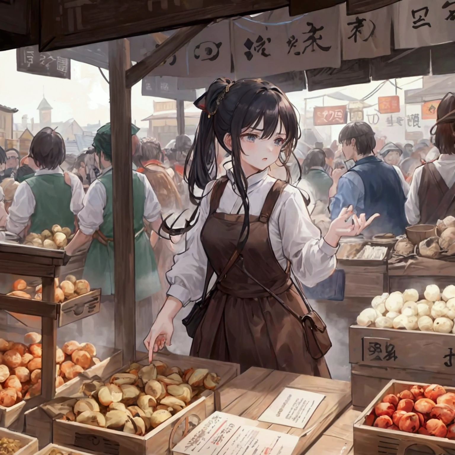 Draw a scene where someone intervenes in a heated argument between townsfolk in a marketplace.。The background contains details that convey the chaotic market scene and the lack of supplies.、Please express the atmosphere of anxiety and frustration in the town.