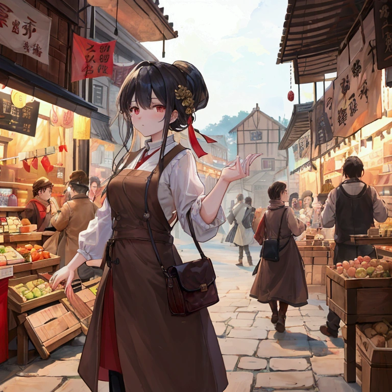 Draw a scene where someone intervenes in a heated argument between townsfolk in a marketplace.。The background contains details that convey the chaotic market scene and the lack of supplies.、Please express the atmosphere of anxiety and frustration in the town.