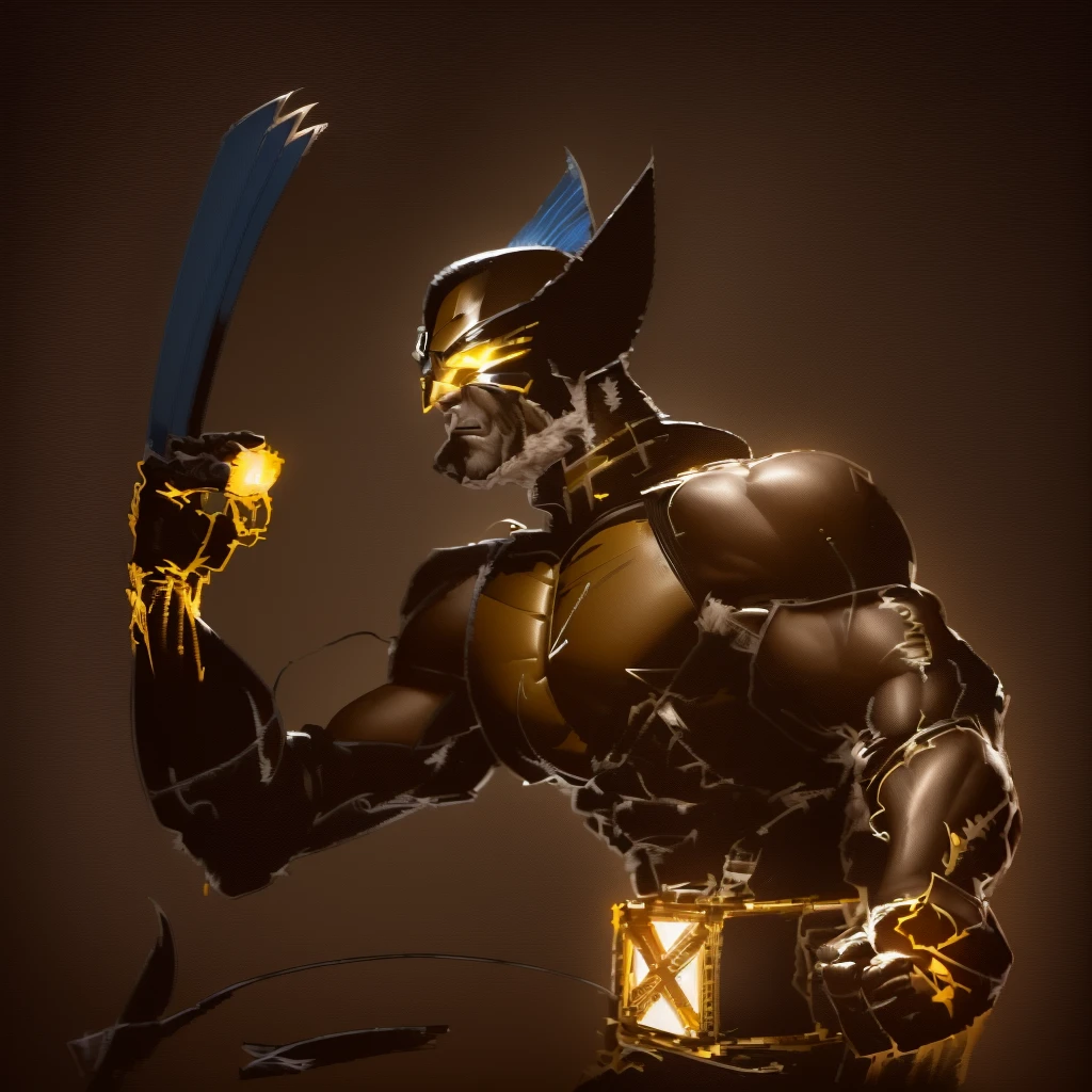 Master Piece, best quality, (extremely detailed CG unity 8k wallpaper), (best quality) 8k detail. wolverine with a three knives coming out of his glove from both hands, wolverine action pose, wolverine, portrait of wolverine, 90s comic book character design, digitally colored, yellow x-man costume, wolverine gloves and helmet are blue, bare skin on arms and face, belt is brown, large X on belt buckle is black inside a red square, menacing pose