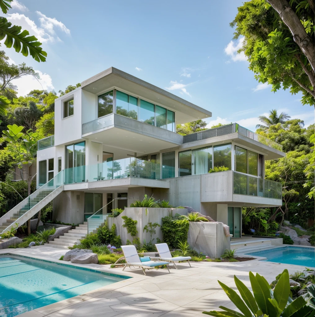 MODERN HOUSE, A wide-angle shot shows the front view of a contemporary two-story villa with glass windows, surrounded by lush greenery. It features an outdoor pool area with natural light. Stone pathways lead to the swimming pool in the yard, adorned with vibrant plants, Taken on a Canon EOS R5, white wall, concrete, ((big front yard)),