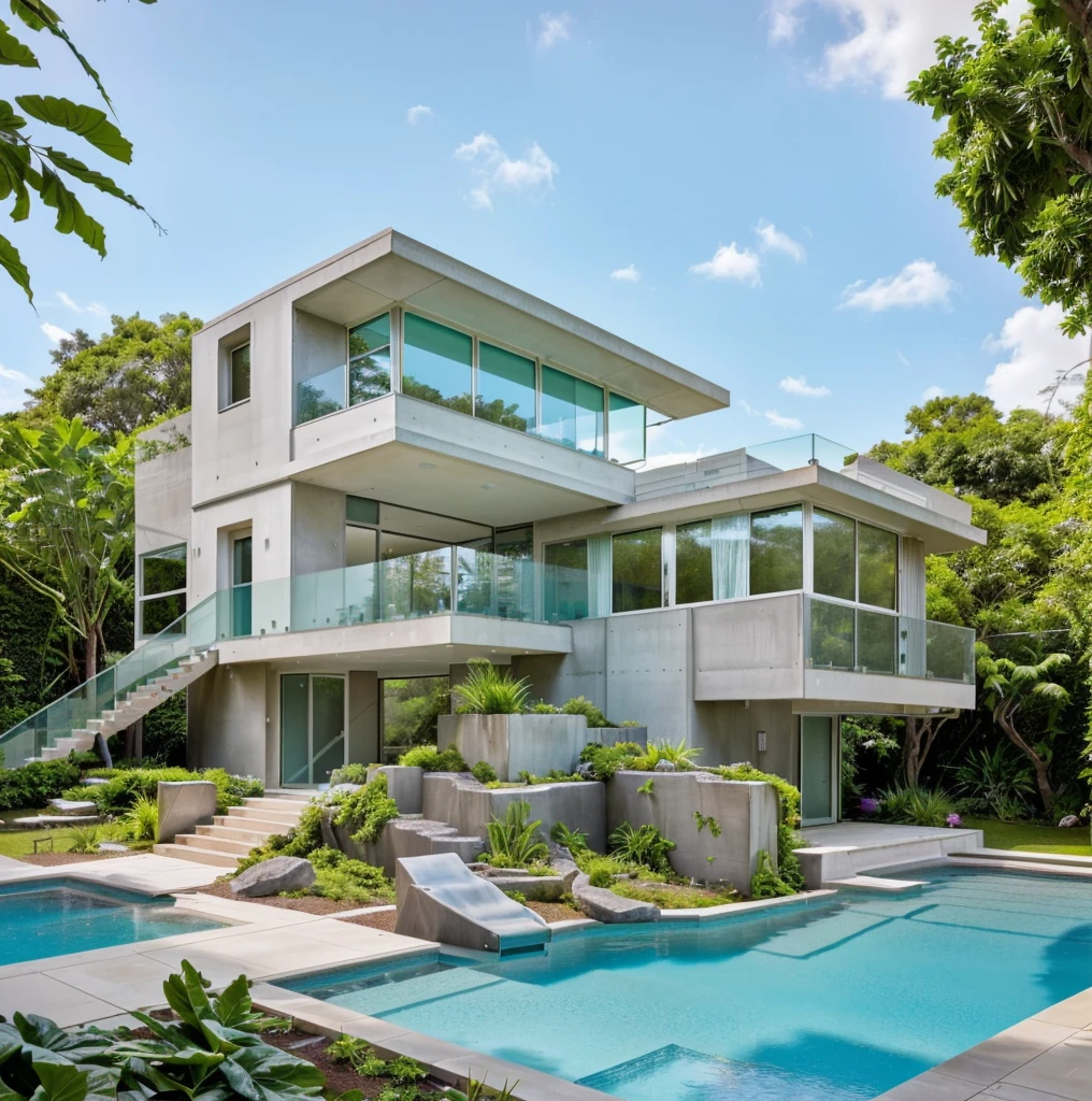 MODERN HOUSE, A wide-angle shot shows the front view of a contemporary two-story villa with glass windows, surrounded by lush greenery. It features an outdoor pool area with natural light. Stone pathways lead to the swimming pool in the yard, adorned with vibrant plants, Taken on a Canon EOS R5, white wall, concrete, ((big front yard)),